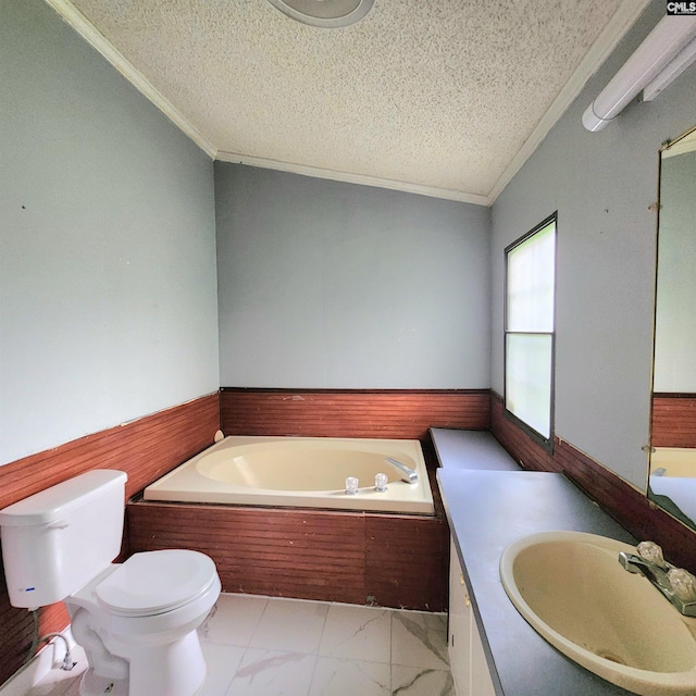 137 Breezy Bay Cir, Gilbert, SC 29054 - bathroom with crown molding, a textured ceiling, a bath, toilet, and vanity
