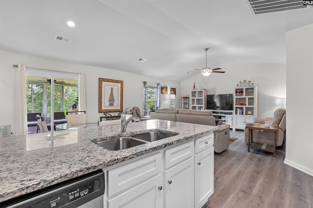 254 Sundew Rd, Elgin, SC 29045 - kitchen featuring a sink, dishwasher, vaulted ceiling, wood finished floors, and ceiling fan