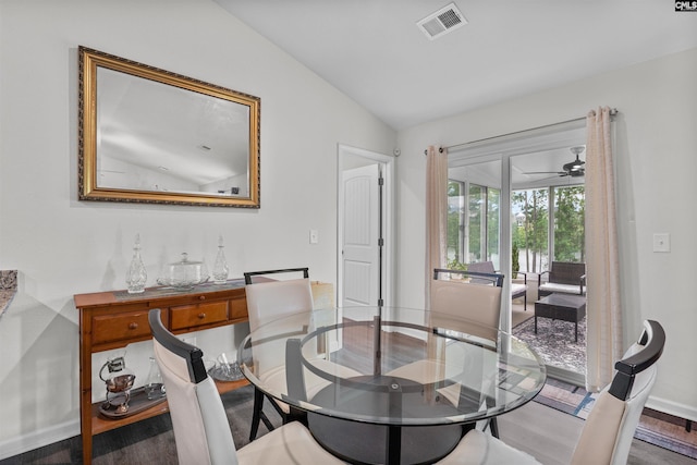 254 Sundew Rd, Elgin, SC 29045 - dining area featuring vaulted ceiling, wood finished floors, baseboards, and a ceiling fan