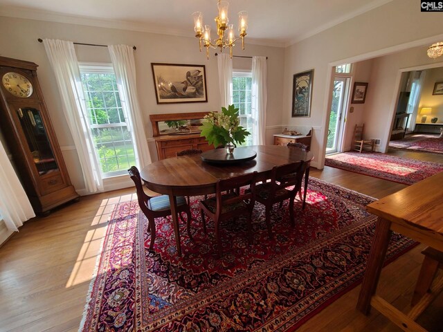 2003 Springdale Dr, Camden, SC 29020 - dining area featuring light wood finished floors, a chandelier, healthy amount of natural light, and crown molding