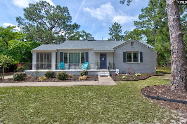 4524 Mosshill Rd, Columbia, SC 29206 - ranch-style home featuring brick siding, a chimney, a front lawn, a porch, and a shingled roof