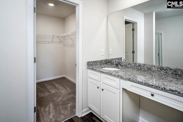 5 Graceful Doe Ct, Elgin, SC 29045 - bathroom with vanity, a spacious closet, baseboards, and an enclosed shower
