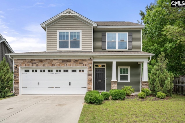 300 Brookland Way W, Columbia, SC 29169 - craftsman inspired home featuring concrete driveway, stone siding, a porch, and a garage