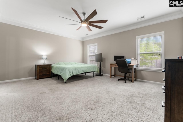 300 Brookland Way W, Columbia, SC 29169 - bedroom with crown molding, baseboards, carpet flooring, a desk, and ceiling fan