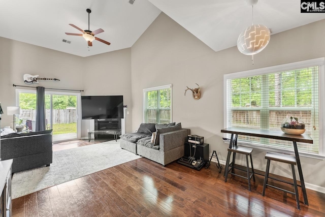 300 Brookland Way W, Columbia, SC 29169 - living room with a ceiling fan, plenty of natural light, high vaulted ceiling, and wood finished floors