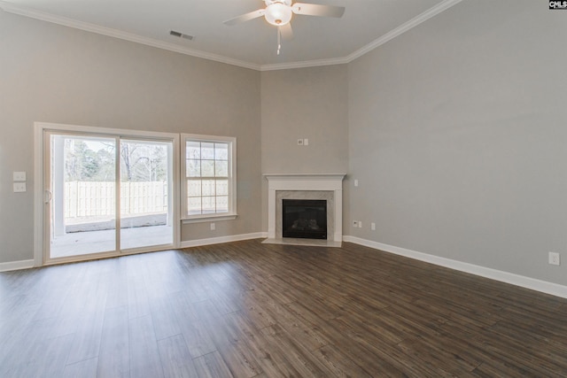 2752 Pawtucket Way, Chapin, SC 29036 - unfurnished living room with a ceiling fan, dark wood-style flooring, baseboards, a premium fireplace, and crown molding