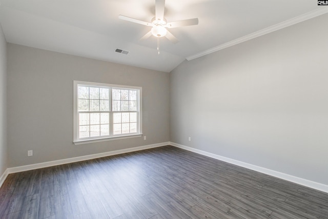 2752 Pawtucket Way, Chapin, SC 29036 - empty room featuring crown molding, baseboards, ceiling fan, dark wood-style floors, and vaulted ceiling