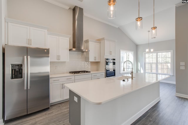 2752 Pawtucket Way, Chapin, SC 29036 - kitchen featuring stainless steel appliances, exhaust hood, a sink, wood finished floors, and a center island with sink