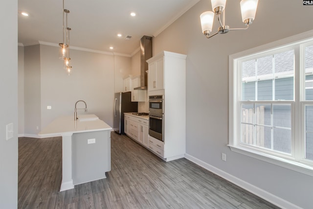 2752 Pawtucket Way, Chapin, SC 29036 - kitchen featuring wall chimney range hood, a sink, ornamental molding, a chandelier, and appliances with stainless steel finishes