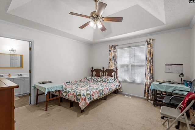 4 Pitsford Ct, Irmo, SC 29063 - bedroom with a raised ceiling, crown molding, light colored carpet, ensuite bathroom, and a ceiling fan