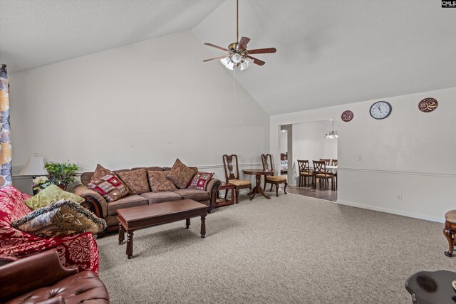4 Pitsford Ct, Irmo, SC 29063 - living area featuring ceiling fan, carpet flooring, high vaulted ceiling, and a chandelier