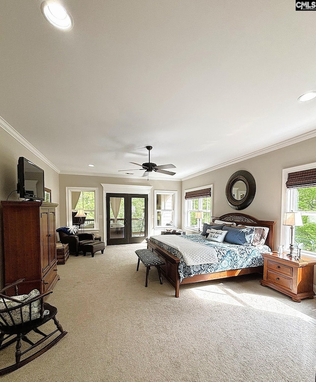 166 Sawney Creek Cir, Ridgeway, SC 29130 - bedroom with carpet floors, recessed lighting, ornamental molding, access to exterior, and ceiling fan