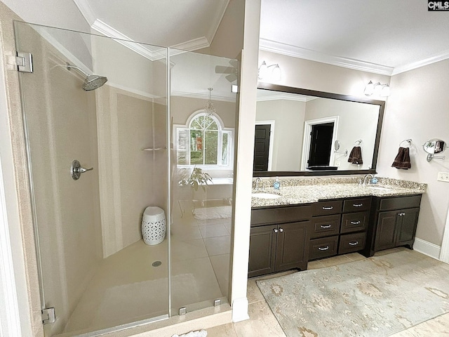 166 Sawney Creek Cir, Ridgeway, SC 29130 - full bath with a shower stall, ornamental molding, double vanity, baseboards, and tile patterned flooring