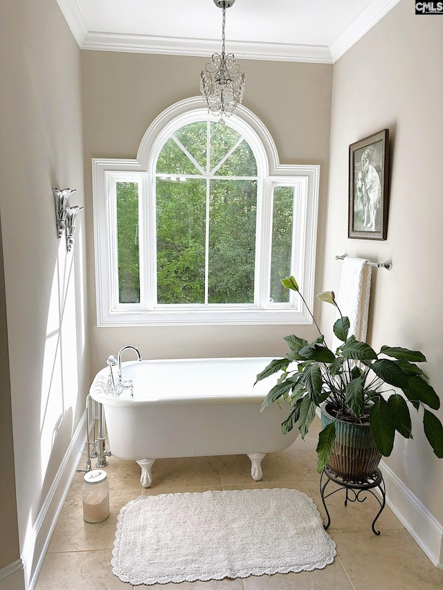 166 Sawney Creek Cir, Ridgeway, SC 29130 - full bathroom with baseboards, a freestanding tub, a chandelier, healthy amount of natural light, and ornamental molding