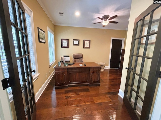 166 Sawney Creek Cir, Ridgeway, SC 29130 - office space featuring french doors, dark wood-style flooring, baseboards, ornamental molding, and a ceiling fan