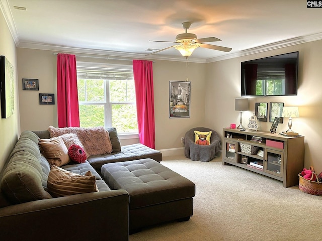 166 Sawney Creek Cir, Ridgeway, SC 29130 - carpeted living room with crown molding, ceiling fan, and baseboards
