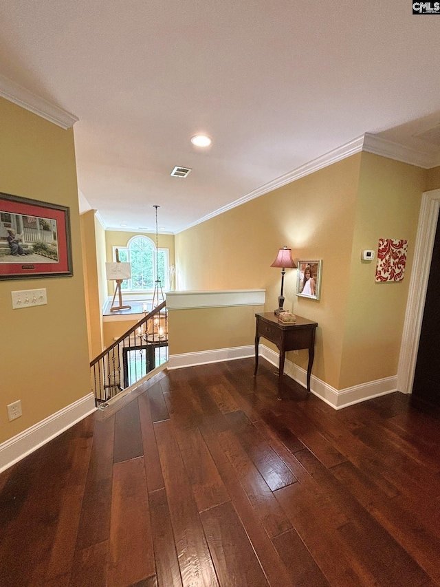 166 Sawney Creek Cir, Ridgeway, SC 29130 - corridor featuring hardwood / wood-style floors, baseboards, ornamental molding, recessed lighting, and an upstairs landing