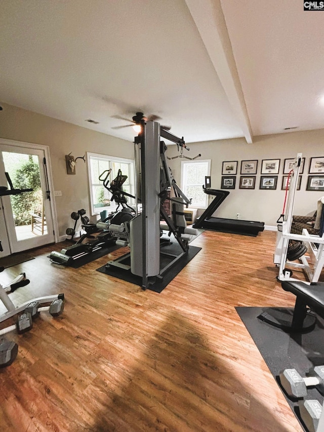 166 Sawney Creek Cir, Ridgeway, SC 29130 - workout area with wood finished floors, plenty of natural light, baseboards, and beamed ceiling