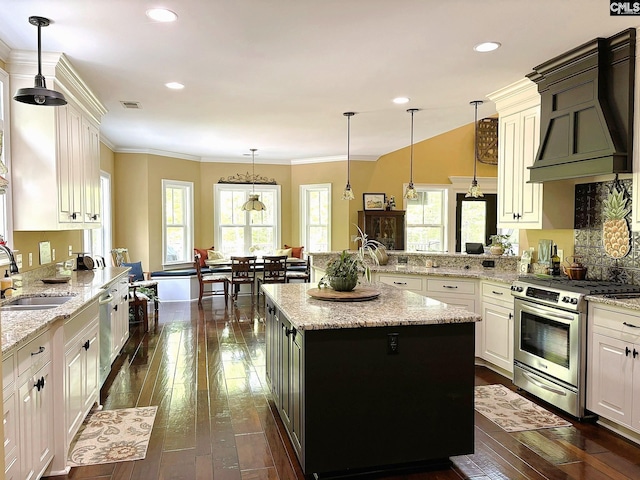 166 Sawney Creek Cir, Ridgeway, SC 29130 - kitchen with stainless steel appliances, a sink, custom range hood, a peninsula, and dark wood-style floors