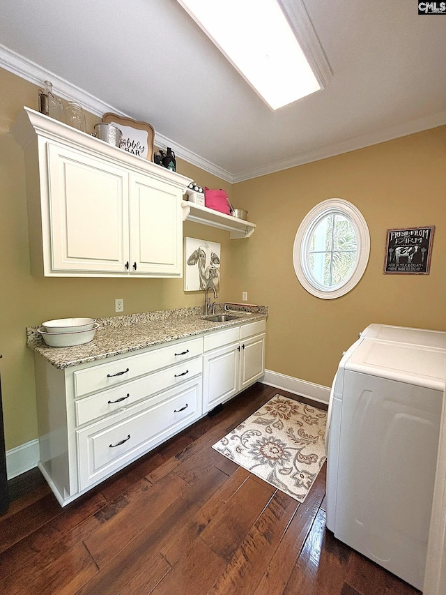 166 Sawney Creek Cir, Ridgeway, SC 29130 - laundry area featuring crown molding, cabinet space, dark wood finished floors, baseboards, and independent washer and dryer