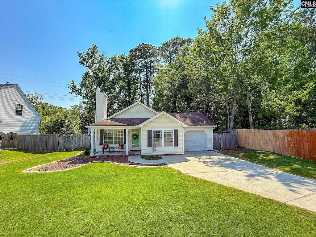 557 Chisolm Way, Lexington, SC 29073 - ranch-style home with a porch, a garage, a chimney, and concrete driveway