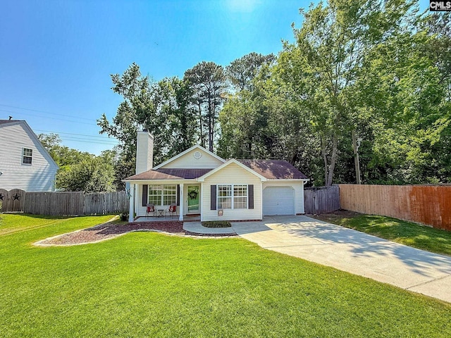 557 Chisolm Way, Lexington, SC 29073 - ranch-style home with a porch, a garage, a chimney, and concrete driveway