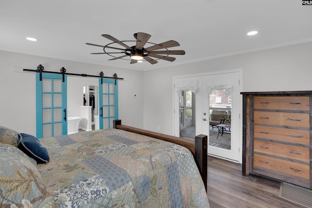 1620 Deep Cove Ln, Gilbert, SC 29054 - bedroom with a barn door, french doors, wood finished floors, recessed lighting, and ornamental molding