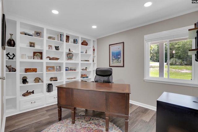 1620 Deep Cove Ln, Gilbert, SC 29054 - office area featuring wood finished floors, recessed lighting, crown molding, and baseboards