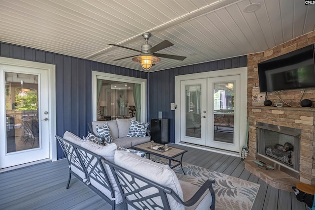 1620 Deep Cove Ln, Gilbert, SC 29054 - deck featuring an outdoor living space with a fireplace, french doors, and a ceiling fan