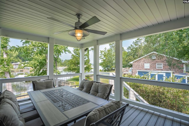 1620 Deep Cove Ln, Gilbert, SC 29054 - wooden terrace with ceiling fan, a water view, and view of scattered trees