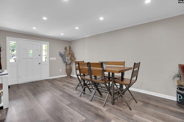 1620 Deep Cove Ln, Gilbert, SC 29054 - dining area with wood finished floors, recessed lighting, ornamental molding, and baseboards