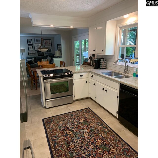 325 Pond View Ln, Lexington, SC 29072 - kitchen with electric stove, black dishwasher, white cabinets, healthy amount of natural light, and a textured ceiling