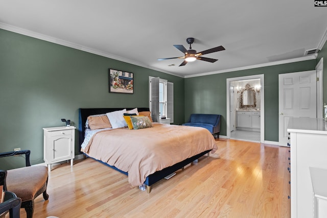 22 Mallet Hill Ct, Columbia, SC 29223 - bedroom with light wood finished floors, crown molding, connected bathroom, ceiling fan, and baseboards