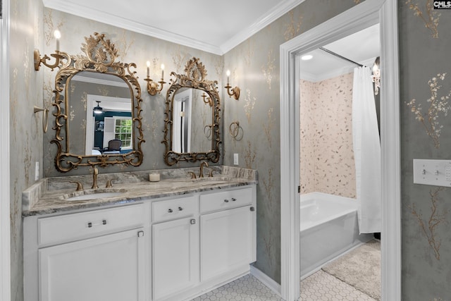 22 Mallet Hill Ct, Columbia, SC 29223 - bathroom with crown molding, double vanity, shower / tub combo, and wallpapered walls