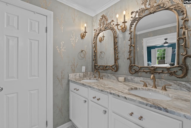 22 Mallet Hill Ct, Columbia, SC 29223 - bathroom featuring double vanity, wallpapered walls, and ornamental molding
