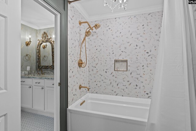 22 Mallet Hill Ct, Columbia, SC 29223 - bathroom featuring crown molding, wallpapered walls, vanity, shower / tub combo with curtain, and tile patterned flooring