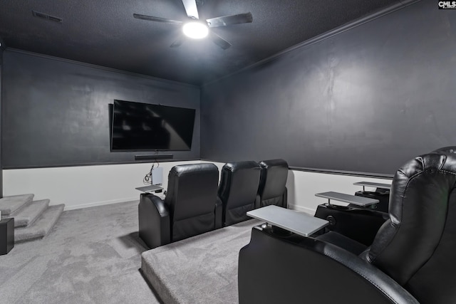 22 Mallet Hill Ct, Columbia, SC 29223 - home theater room with a ceiling fan, carpet flooring, a textured ceiling, and ornamental molding