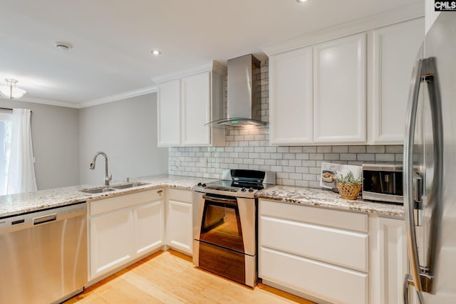 201 Mariners Row, Columbia, SC 29212 - kitchen with stainless steel appliances, wall chimney exhaust hood, a sink, ornamental molding, and tasteful backsplash