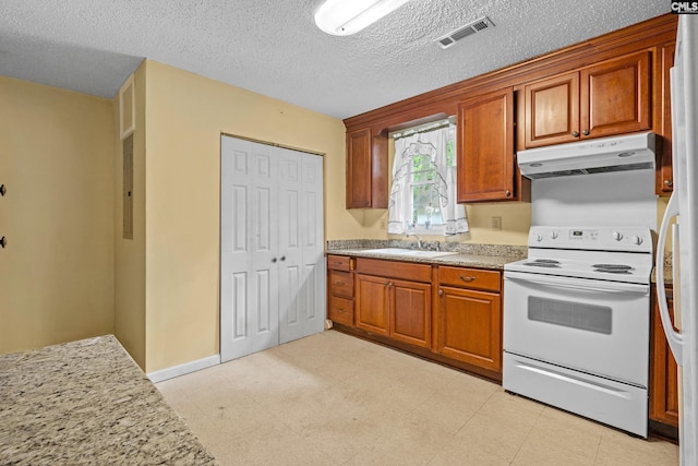 114 Quattlebaum Ave, Ridge Spring, SC 29129 - kitchen with electric stove, under cabinet range hood, a sink, brown cabinets, and a textured ceiling