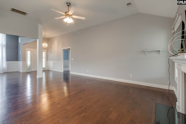571 Maple Valley Loop, Blythewood, SC 29016 - unfurnished living room with a ceiling fan, a chandelier, a fireplace, vaulted ceiling, and dark wood finished floors