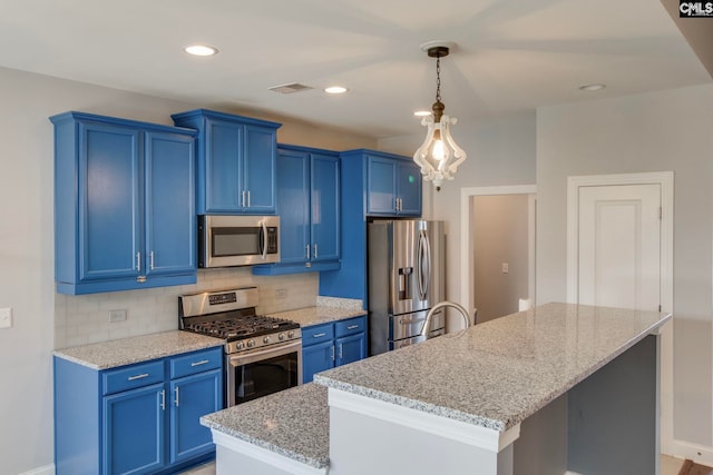 571 Maple Valley Loop, Blythewood, SC 29016 - kitchen featuring appliances with stainless steel finishes, blue cabinets, a kitchen island, decorative backsplash, and recessed lighting