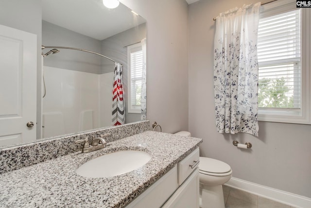 571 Maple Valley Loop, Blythewood, SC 29016 - bathroom with baseboards, vanity, toilet, tile patterned flooring, and a shower with shower curtain