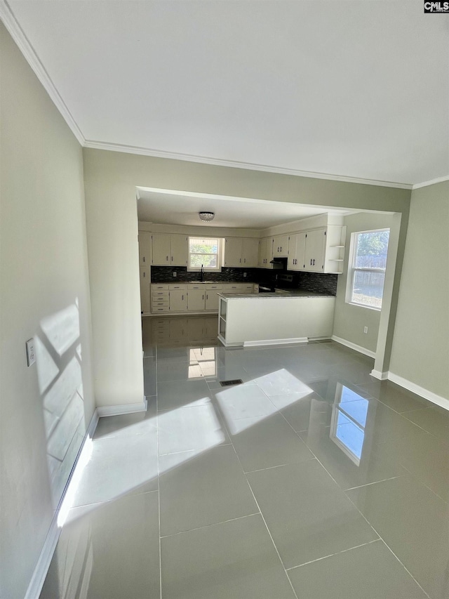 1626 Van Lingle Ave, Columbia, SC 29210 - kitchen with ornamental molding, tasteful backsplash, baseboards, plenty of natural light, and tile patterned flooring