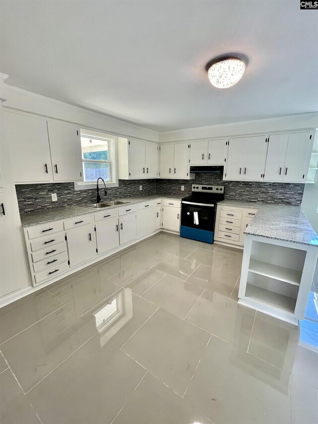 1626 Van Lingle Ave, Columbia, SC 29210 - kitchen featuring electric range, a sink, backsplash, light tile patterned flooring, and white cabinetry