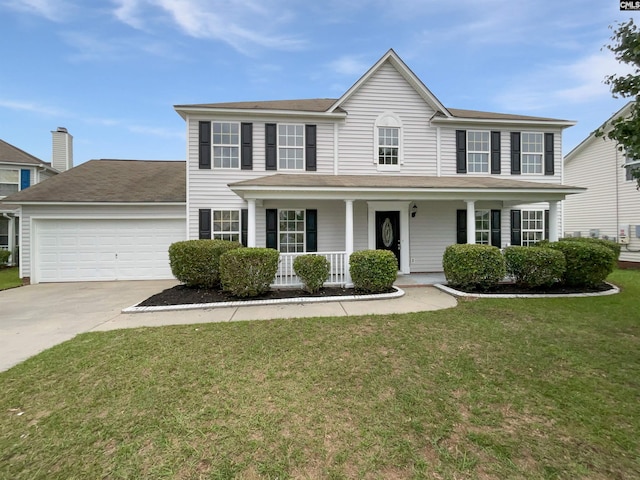 186 Fallstaff Rd, Columbia, SC 29229 - colonial home with a garage, driveway, covered porch, a front yard, and roof with shingles