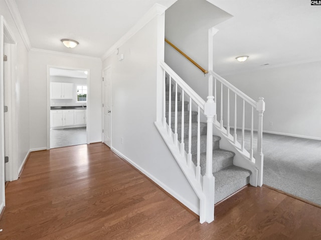 186 Fallstaff Rd, Columbia, SC 29229 - staircase featuring ornamental molding, wood finished floors, and baseboards