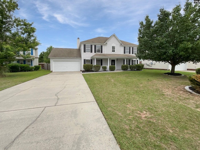 186 Fallstaff Rd, Columbia, SC 29229 - colonial house featuring covered porch, a chimney, a garage, a front lawn, and driveway