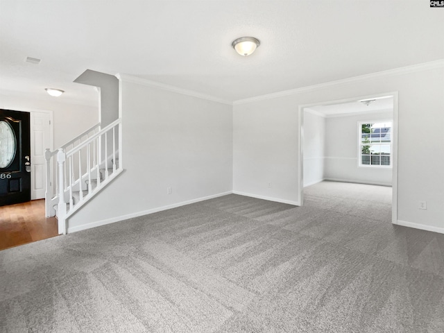 186 Fallstaff Rd, Columbia, SC 29229 - unfurnished living room with carpet floors, ornamental molding, stairs, and baseboards
