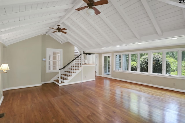 723 Hampton Hill Rd, Columbia, SC 29209 - unfurnished living room with a ceiling fan, baseboards, stairs, wood finished floors, and wood ceiling