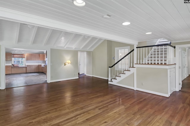 723 Hampton Hill Rd, Columbia, SC 29209 - unfurnished living room featuring wood finished floors, stairs, baseboards, and wood ceiling